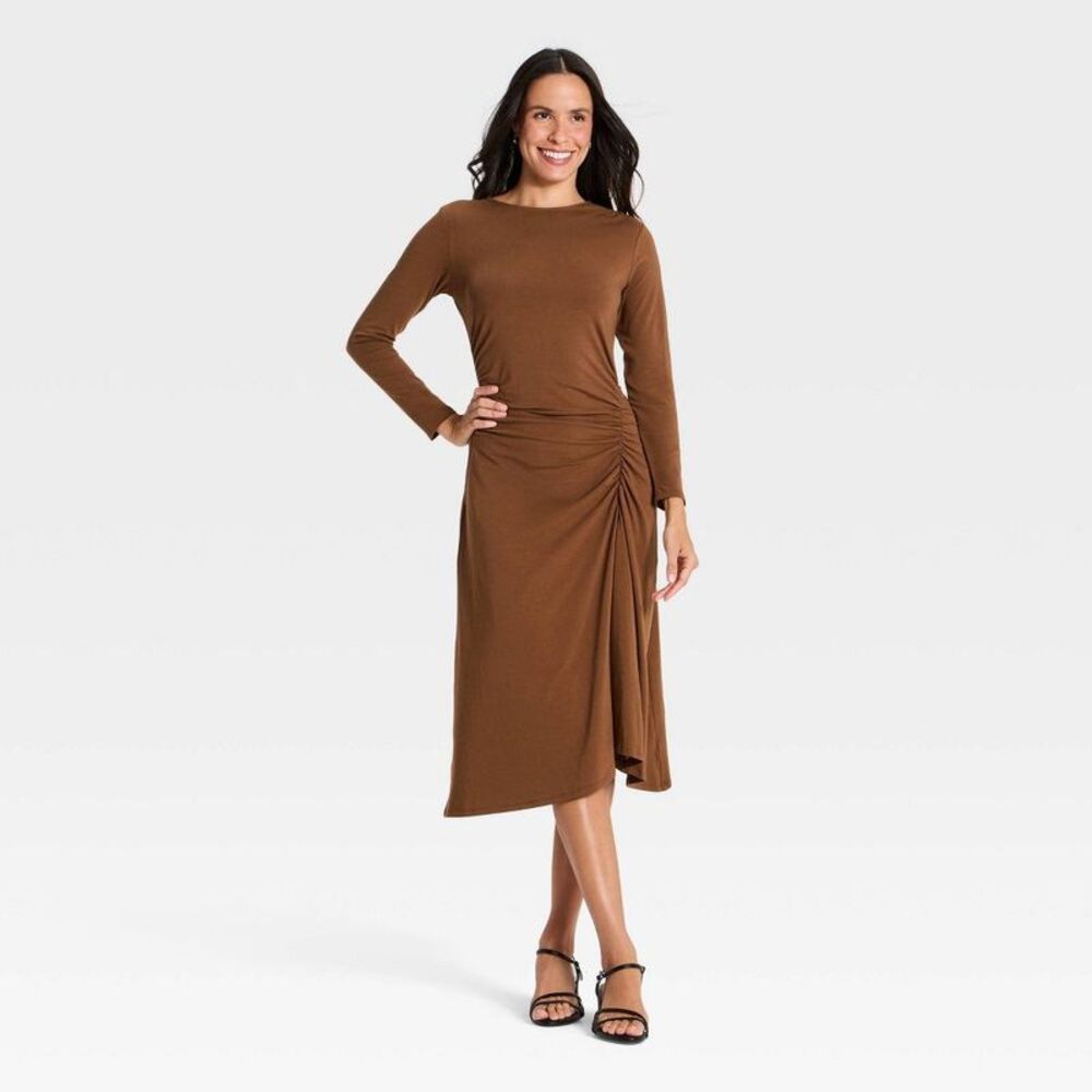 Women's Long Sleeve Side Rouching Midi Knit Dress - A New Day Brown S